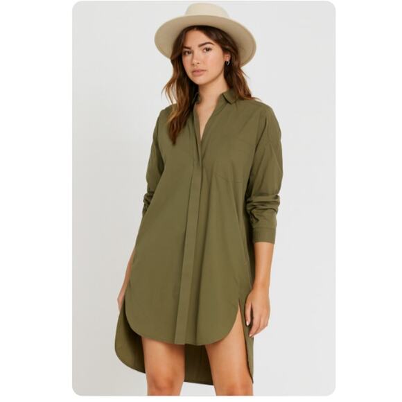 Free People SZ M Button Down High Low Shirt Dress in Army Green Hidden Buttons - Picture 1 of 8